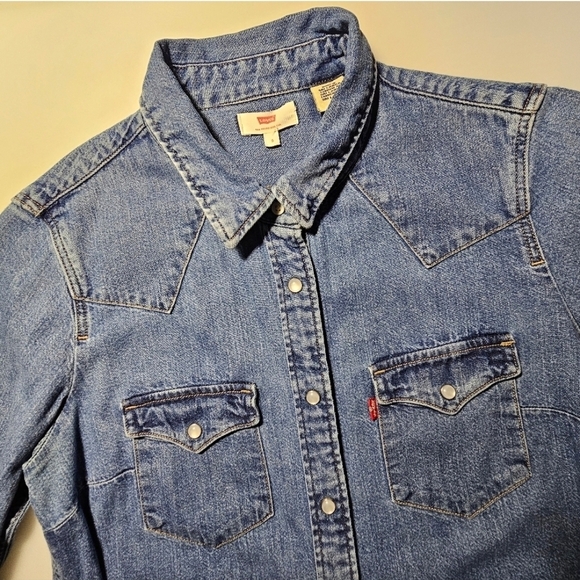 Levi's Long Sleeve Blue Western Denim Shirt Dress - Picture 9 of 14